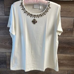 Alfred Dunner Ladies Beaded Top, Size Medium, White with Brown Beads